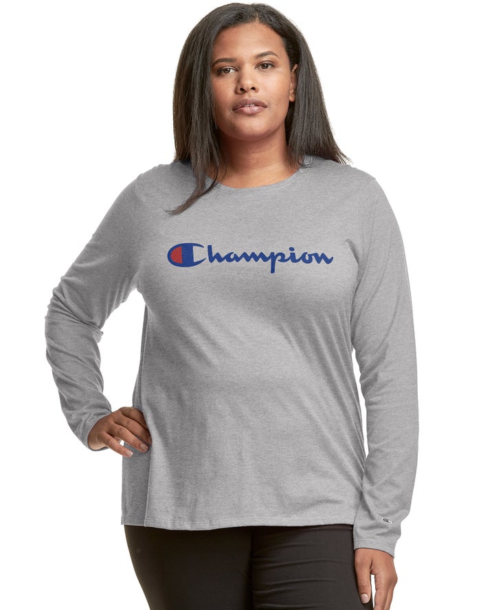 Champion T-Shirt Dames - Grijs - Plus Classic Long-Sleeve Script Logo ( 748623-BYE )